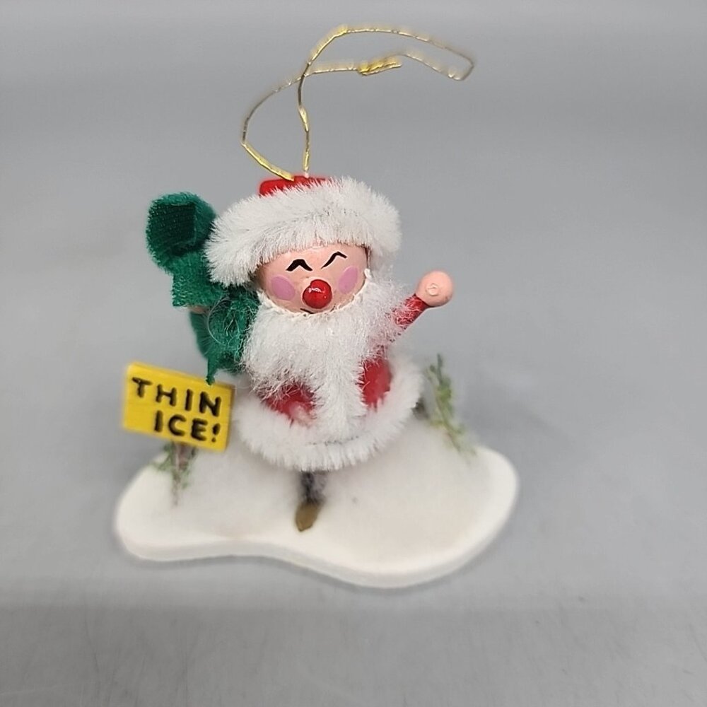 Vintage Christmas Ornament Wood Santa Skates Thin Ice 2.5" Tall